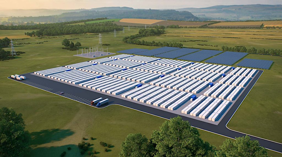 conceptual sketch of an iron-air battery facility adjacent to solar panels, creating a 24/7 dispatchable source of electricity