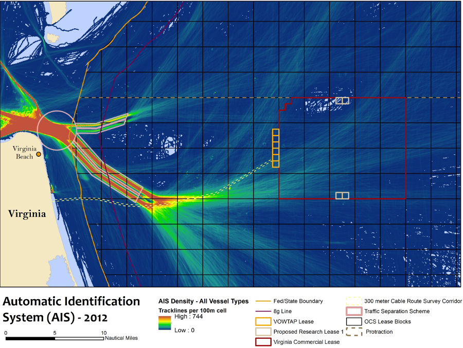 the Virginia Offshore Wind Technology Advancement Project (VOWTAP) leased offshore blocks for two 6-megawatt (MW) wind turbines, after determining potential impacts from ship traffic