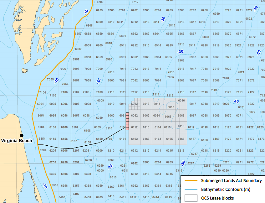 the six sub-blocks leased for a two-turbine research project was adjacent to the site leased for a 300-turbine commercial offshore wind project
