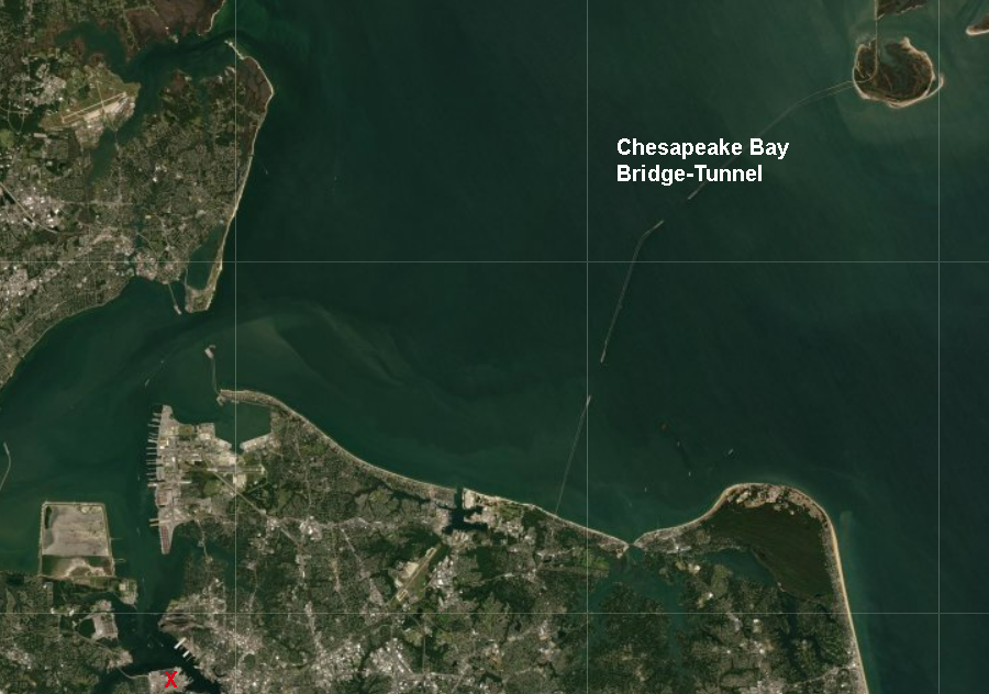 no bridges limited transport of tall, pre-assembled towers from Portsmouth Marine Terminal (red X) to offshore projects