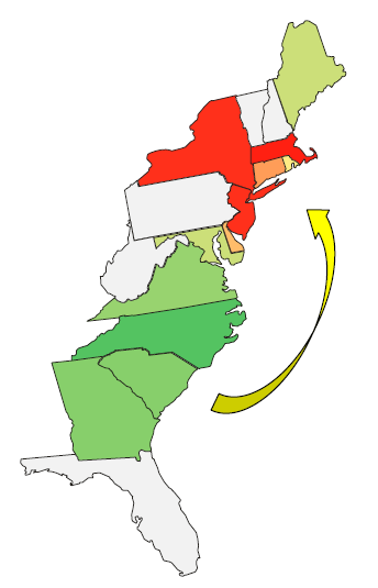 electricity costs more in the Northeast, so offshore wind-powered facilities could end up exporting energy to New York customers while affecting tourism of coastal communities in Virginia/North Carolina