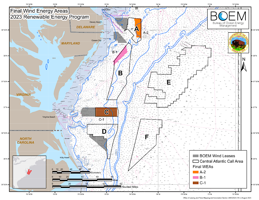 the Bureau of Ocean Energy Management designated three Wind Energy Areas in the Central Atlantic in 2023