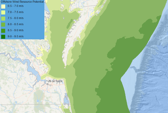 the potential for wind-powered energy at speeds greater than 7.5 meters per second (over 16 miles per hour) increases away from the shoreline - but so does the cost for any underwater power transmission line