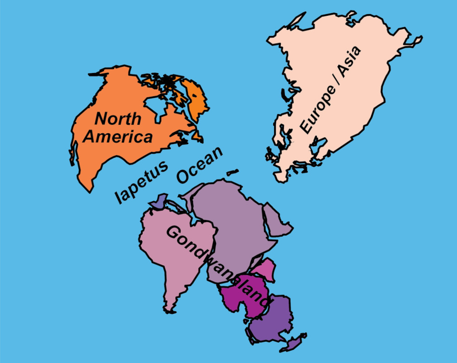 the collision of Africa and North America eliminated the Iapetus Ocean, and the breakup of Pangea then created the Atlantic Ocean=
