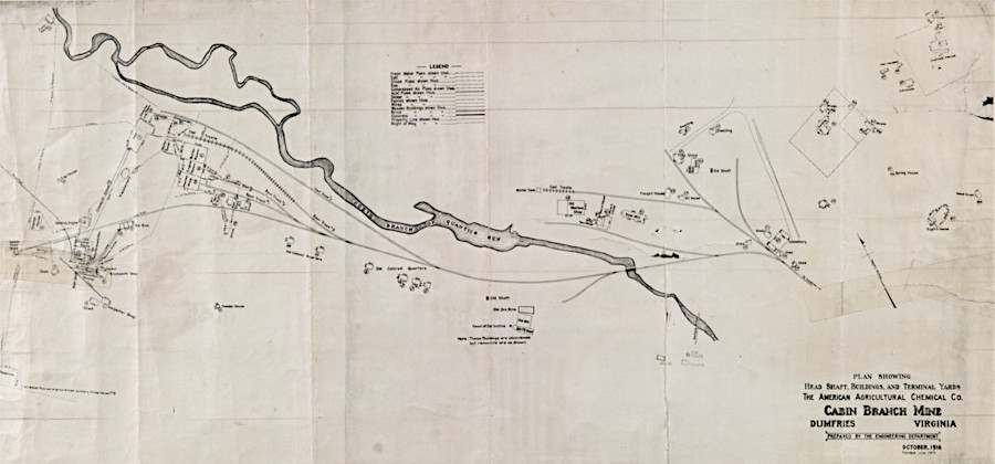 in 1916 there were 70 buildings (including six segregated dormitories for black workers) on 88 acres at the Cabin Branch Mine