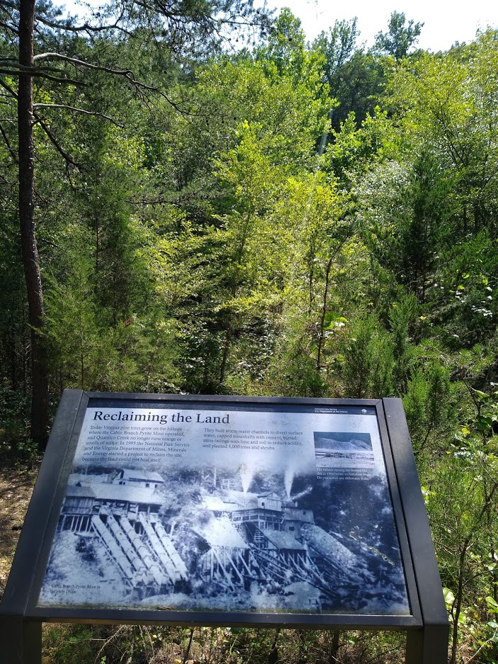 the view of the old mine shafts across Quantico Creek has been obstructed by successfully planting trees to reclaim the site (2021)