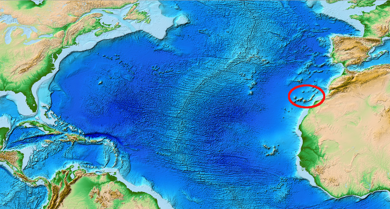 Canary Islands, far across the Atlantic Ocean from Virginia...