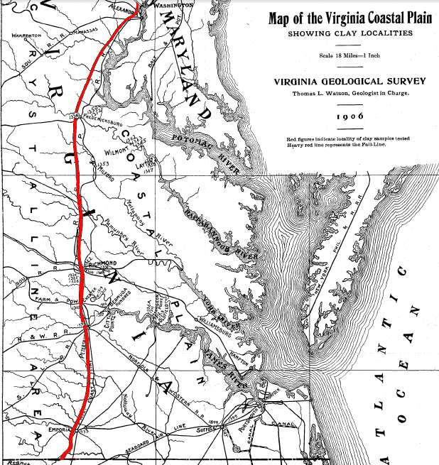 the Coastal Plain is east of the Fall Line, where soft sediments cover the crystalline bedrock