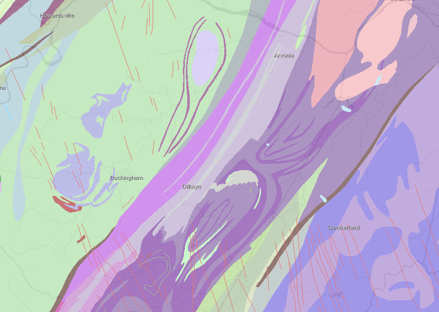 diabase dikes (red lines) from the Triassic Period appear in Proterozoic - Cambrian formations south of the James River