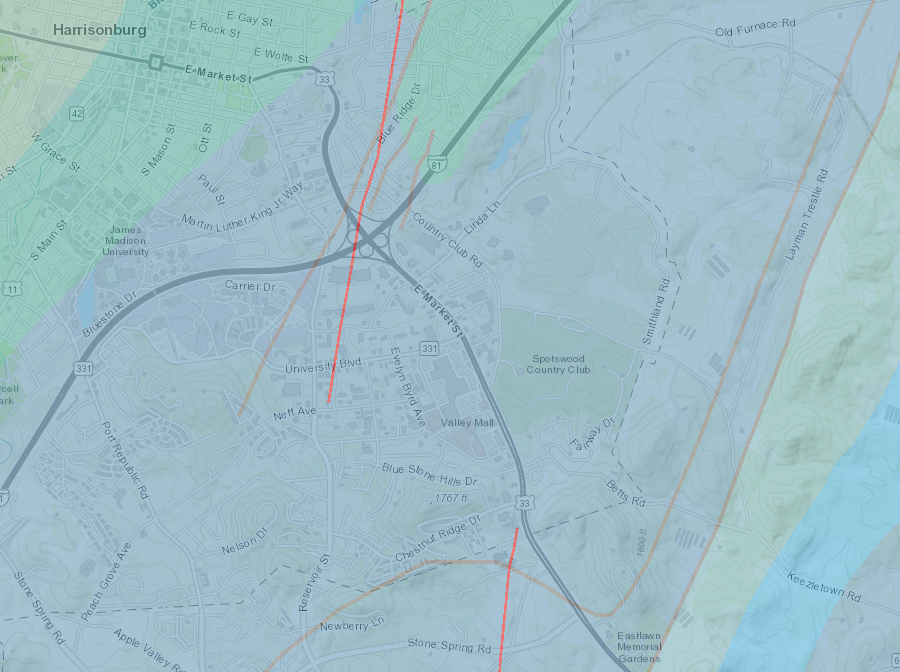 thrust faults (orange lines) near Harrisonburg date to Alleghenian Orogeny, while diabase dikes (red lines) date to split of Pangea in Triassic Period