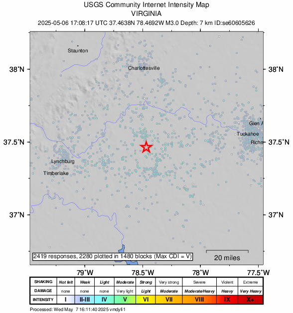 shaking from a 3.0 magnitude earthquake in Central Virginia in 2025 was felt between Lynchburg to Richmond, and north to Charlottesville