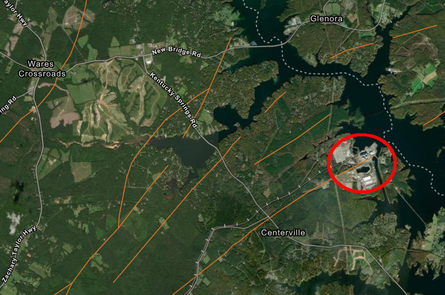 faults (brown lines) cut through the Piedmont bedrock at the North Anna Power Station and nearby