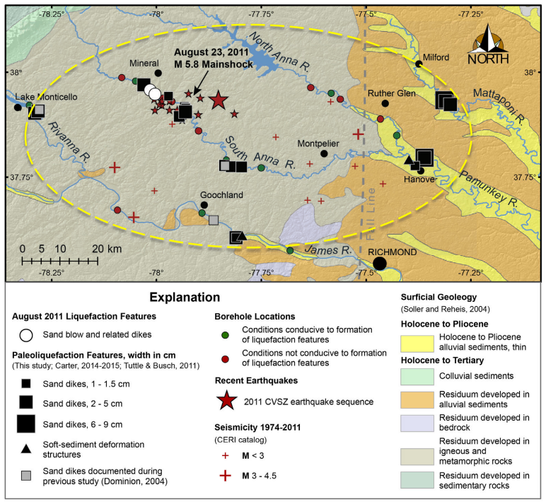 sand dikes and other liquefaction features document historic earthquakes, as well as the Mineral earthquake in 2011