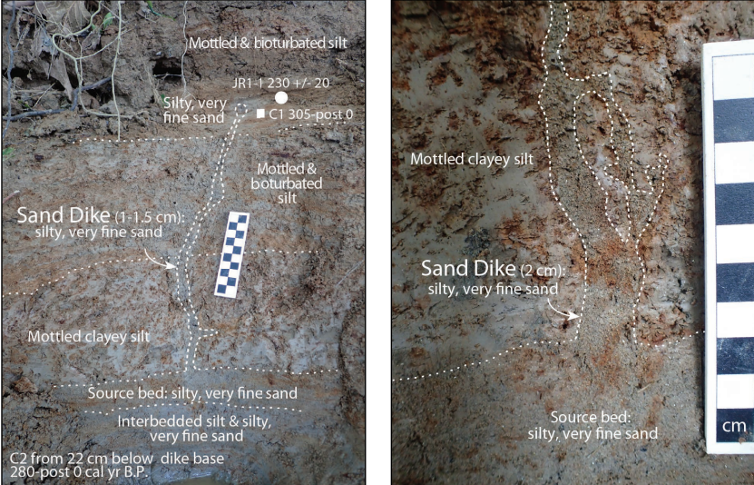 sand dikes and other liquefaction features document historic earthquakes, as well as the Mineral earthquake in 2011
