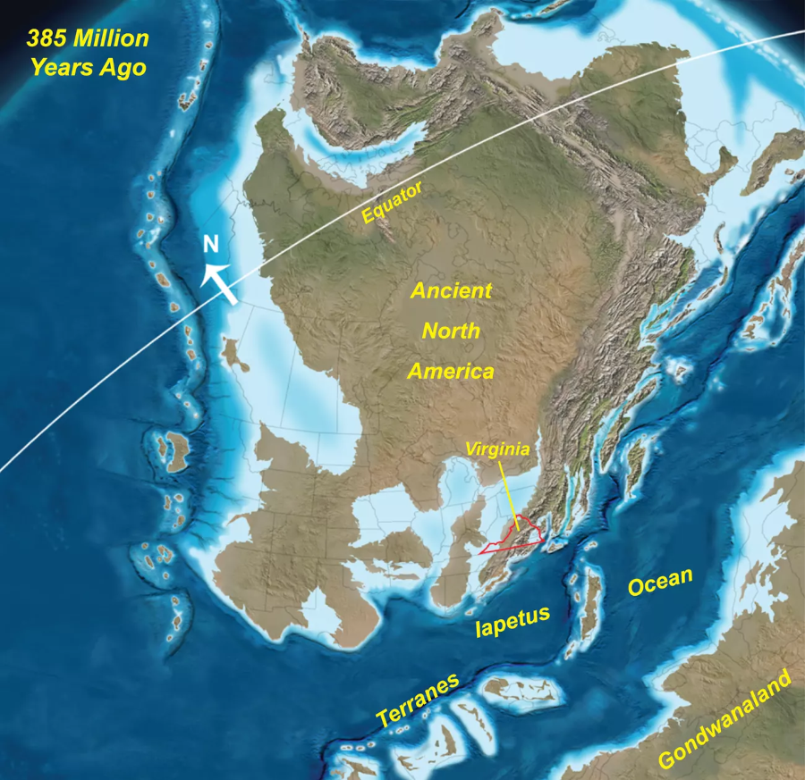 in the middle Devonian period 385 million years ago, between the Taconic and Neo-Acadian orogenies