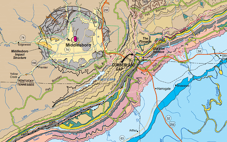 the Middlesboro Basin was formed by an impact about 300 million years ago, and has survived despite orogenies and erosion