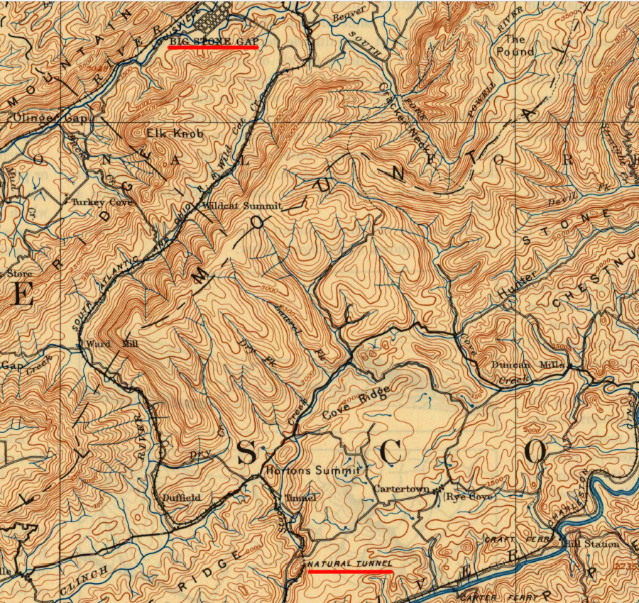 Natural Tunnel provided the railroad an easier connection between Bristol and the Wise County coal fields near Big Stone Gap
