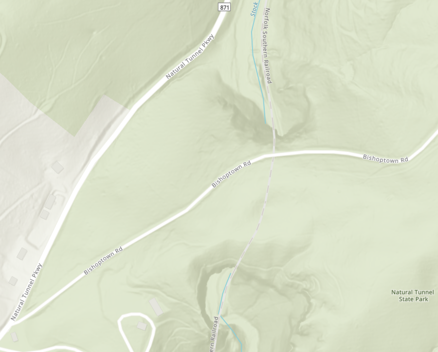 Bishoptown Road crosses over Natural Tunnel, while a railroad runs through it