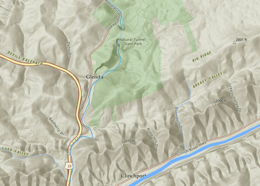 Stock Creek, a tributary of the Clinch River, flows through Natural Tunnel