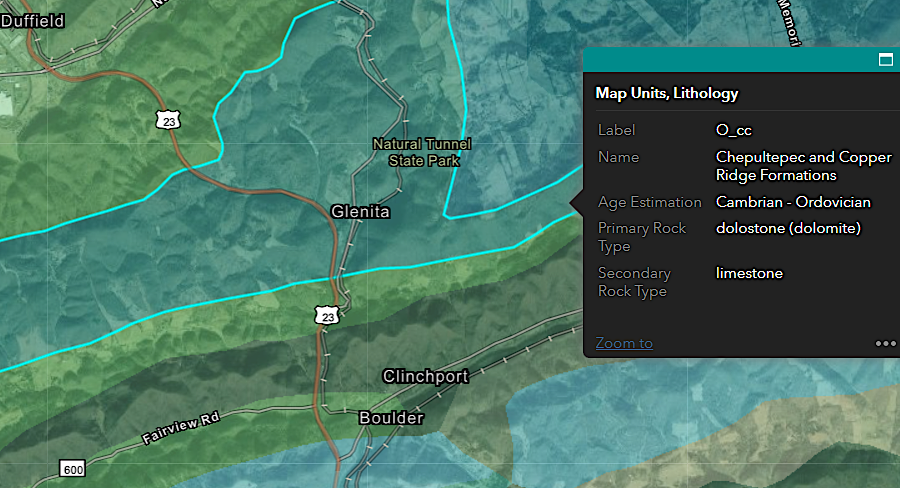 Natural Tunnel is within the Knox Group of sedimentary formations deposited about 450 million years ago