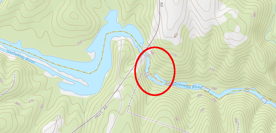 Nottoway Falls is currently 300-330 feet above sea level