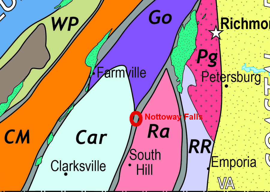 Nottoway Falls is on the boundary between the Carolina and Raleigh terranes in the Piedmont of Virginia