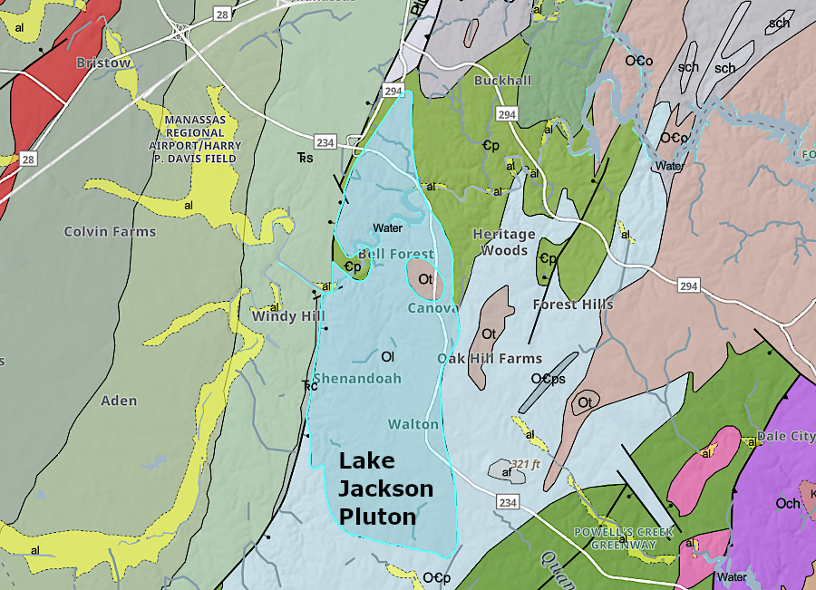 the Lake Jackson pluton in Prince William County crystallized deep underground around 450 million years ago