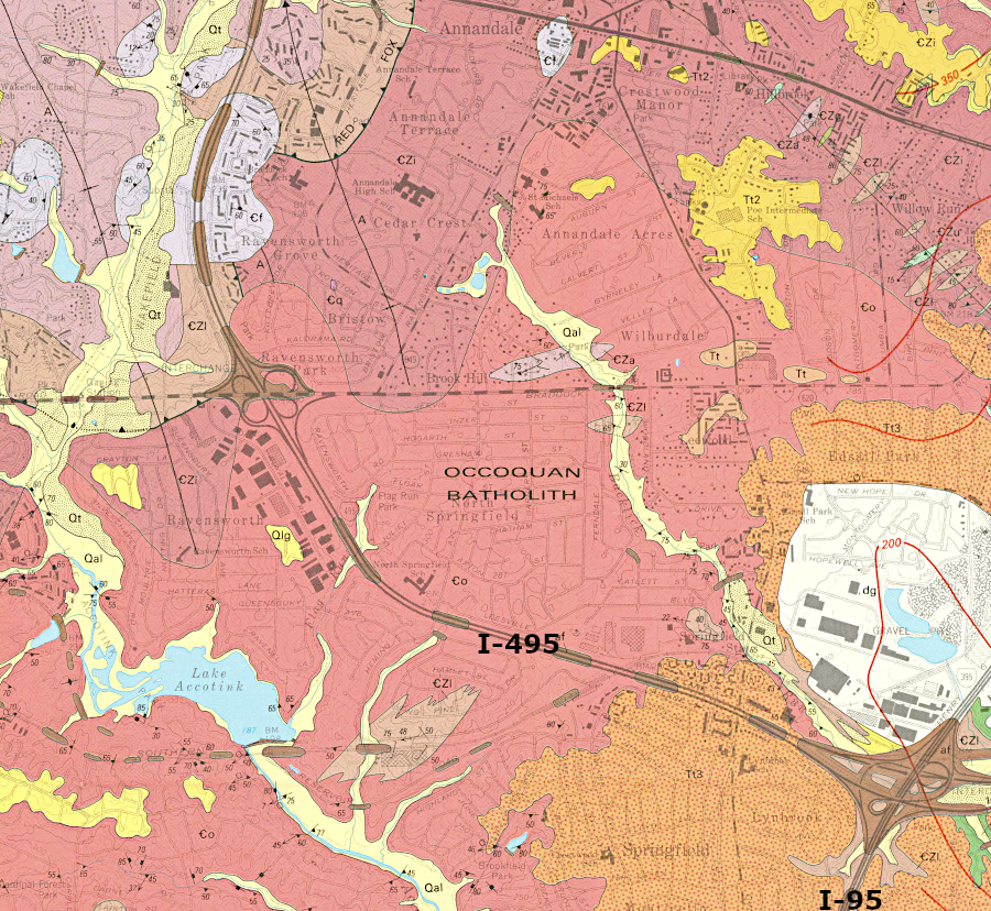 the Capital Beltway (I-495) crosses the Occoquan Batholith in Fairfax County