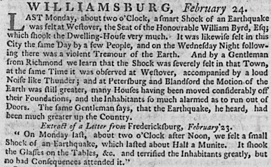the 1774 earthquake was a minor news item in Williamsburg