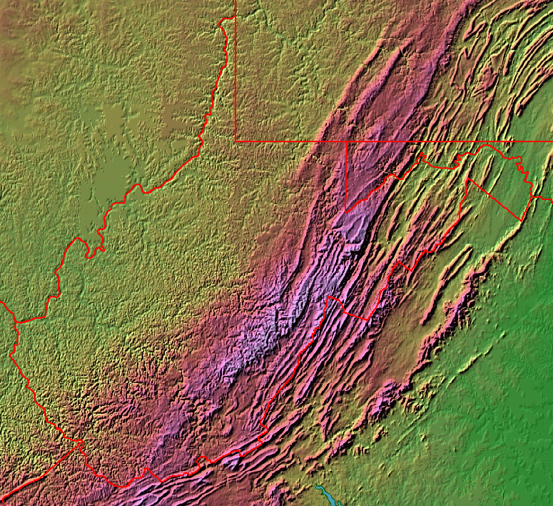 west of the Allegheny Front, rivers carved valleys into the flat-lying sediments that had eroded off the mountains uplifted by Taconic, Neo-Acadian, and Alleghenian orogenies