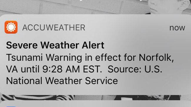 a tsunami alert was issued for Norfolk in February, 2018 - by accident