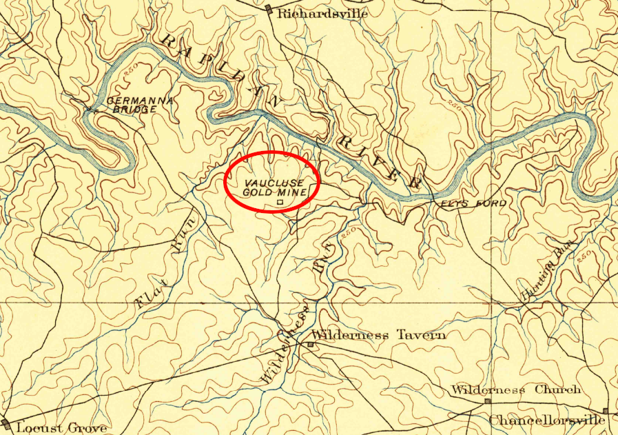 the Vaucluse Mine is located along Shotgun Hill Branch, a tributary of Wilderness Run