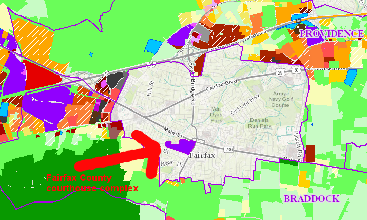 inside the boundaries of the City of Fairfax is an isolated chunk of Fairfax County, and zoning for development of that chunk (the courthouse complex) is controlled by the county