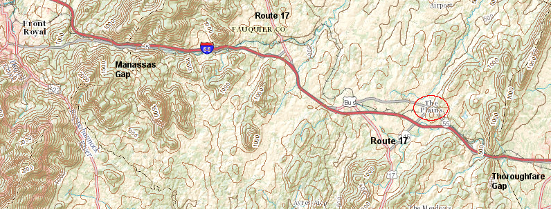 between Thoroughfare Gap-Manassas Gap, I-66 crosses igneous and metamorphic rocks that are geologically part of the Blue Ridge, but topography is flat enough in the middle for one town to be called The Plains