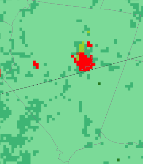 even larger scale map showing an even smaller area - just the county of Albemarle and the independent city of Charlottesville (red pixels)