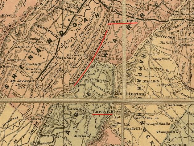 before the Civil War, the Manassas Gap railroad (heavy black line) had already been built to Mount Jackson - but after the war, the Norfolk and Western railroad was built on the east side of Massanutten Mountain, through Luray and the Page Valley, to connect with the iron furnaces