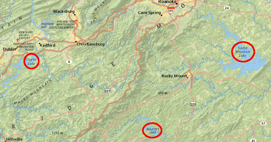 hydropower dams (including Claytor, Phillpott, and Smith Mountain) require both topographic relief and adequate water supply