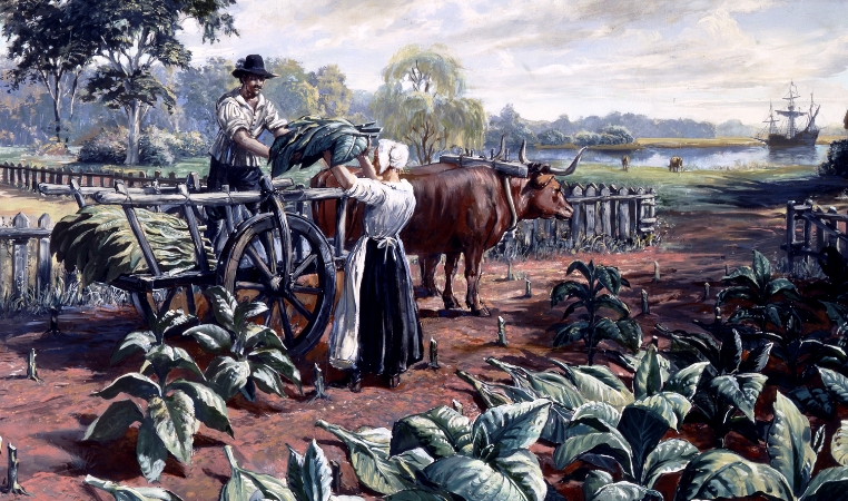 Sidney King painting of tobacco production at Jamestown