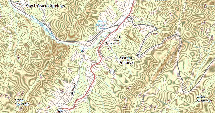 topographic map showing contour lines near Warm Springs in Bath County (contour interval: 20 feet)