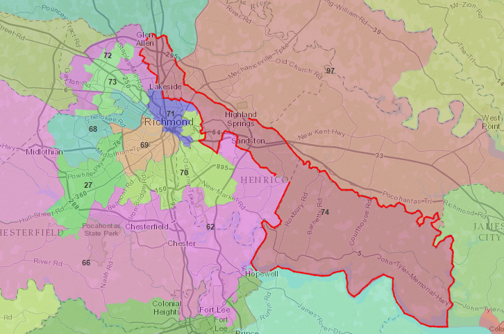 the boundaries of 12 House of Delegates districts, including District 74 (outlined above) were ruled to be constitutional in a 2015 court decision
