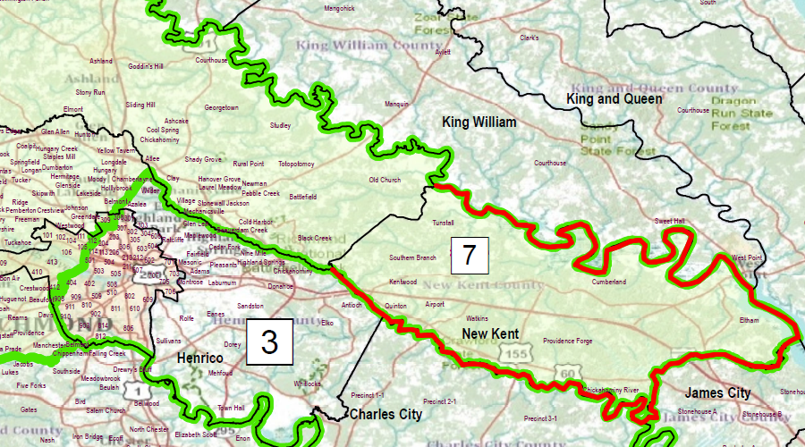 boundaries of the US House of Representatives Seventh Congressional District, represented by Rep. Eric Cantor, were redrawn in 2011 to add the conservative Republican voters in rural New Kent County