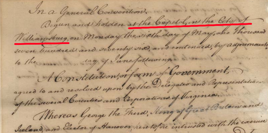 the first state constitution was written in Williamsburg, as the Fifth State Convention met in the Capitol