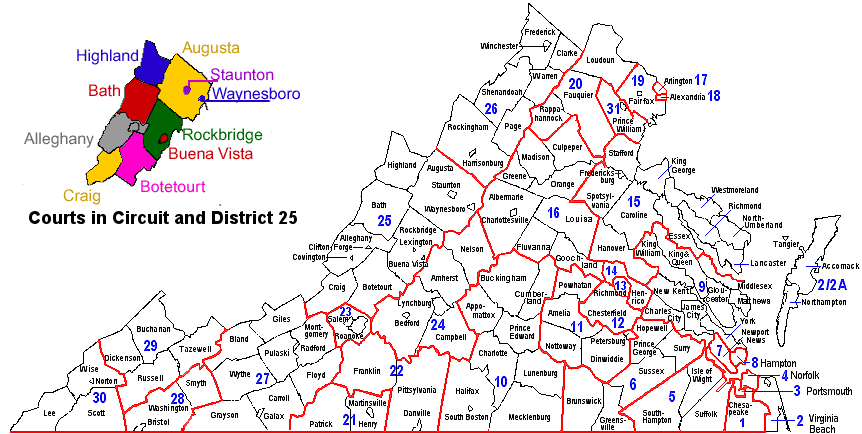 Virginia has 32 judicial districts, with a lower-level General District Court and a separate Juvenile & Domestic Relations Court serving each city and county plus 120 separate Circuit Courts