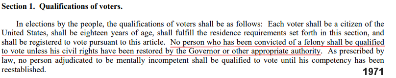 since 1830, the Constitution of Virginia has declared that people convicted of a felony lose the right to vote