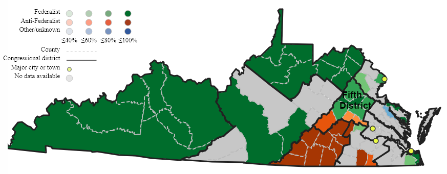 in 1789, Patrick Henry ensured the Fifth District included anti-Federalist Amherst, Fluvanna, and Goochland counties (orange shading)