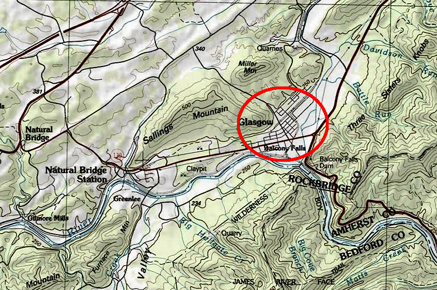 the Town of Glasgow in Rockbridge County is at the confluence of the James and Maury rivers