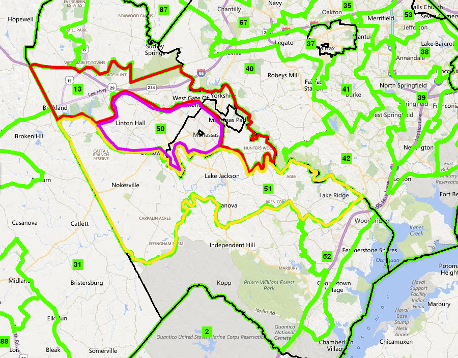 the 50th House District (outlined in purple) is clearly compact, and the OneVirginia2021 lawsuit challenged the constitutionality of House District 13 (outlined in red) to the north but not House District 51 (outlined in yellow) to the south