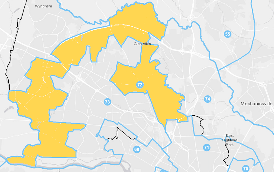 House of Delegates District 72, as drawn in 2011 redistricting, resembled a horseshoe or toilet bowl and was a classic example of boundaries that were not compact and contiguous