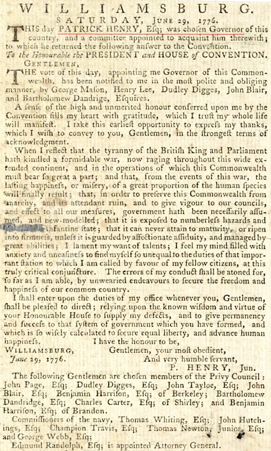in 1776 Patrick Henry became the first person elected to serve as governor of the Commonwealth of Virginia