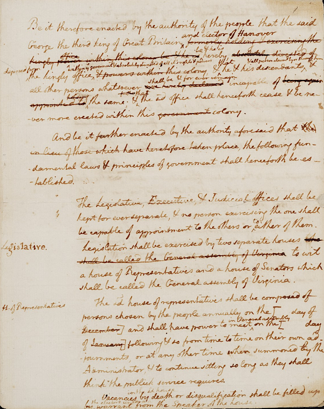 Thomas Jefferson drafted a constitution for his home state of Virginia, but it arrived after the Fifth Revolutionary Convention was writing its own version